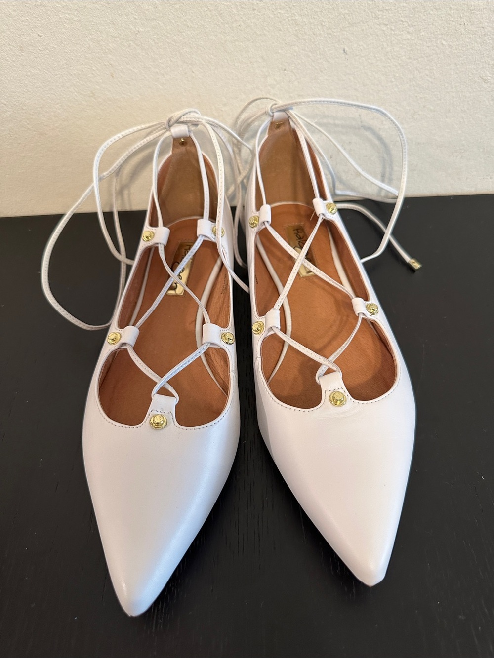 Halogen White Pointed-Toe Lace-Up Flats with Gold Buttons